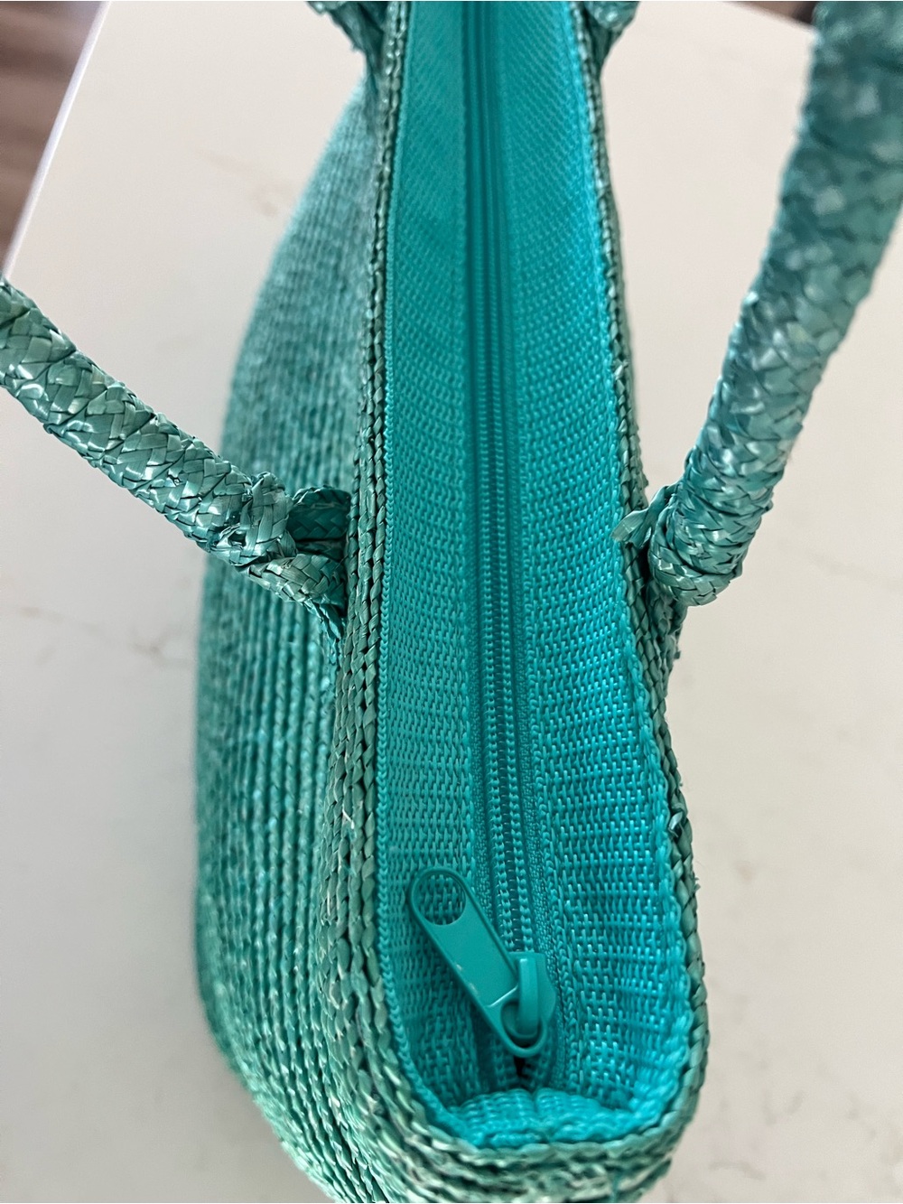 Turquoise Woven Straw Handbag Aqua Natural Straw Purse Zip Top Summer Bag - Picture 2 of 9